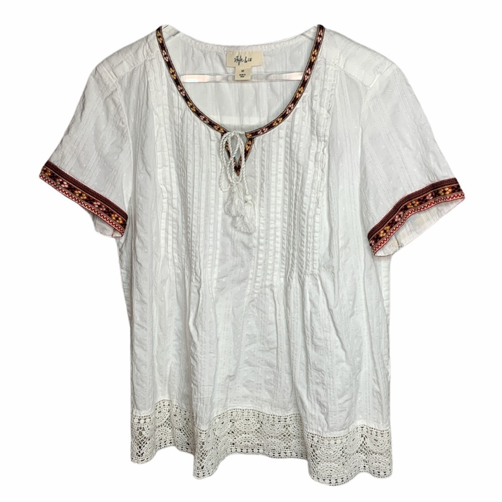 Style&Co Aztec Print Embroidered Top W/Lace Hem